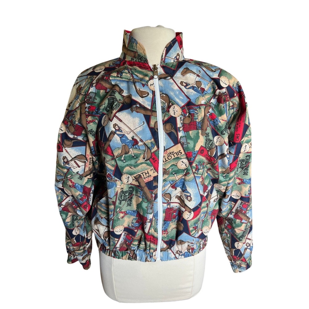 VTG‎ Reversible Golf Print Jacket Womens 90s Novelty Windbreaker Quirky Handmade